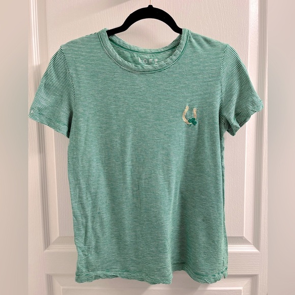 2/$20 ✨LOFT Lucky Horseshoe Everyday Crew Tee Green Striped Size S - Picture 3 of 8